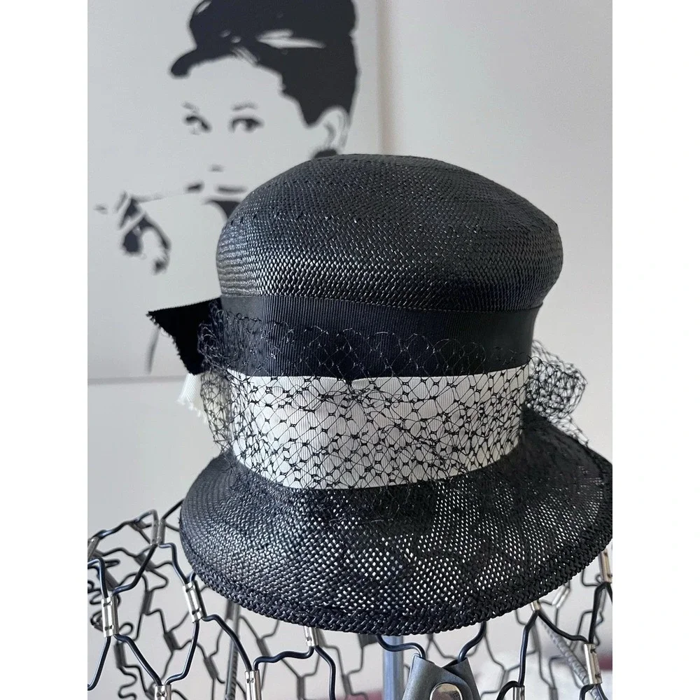 Vintage Black‎ Straw Cloche Hat with Net Veil and Grosgrain Ribbon Bow